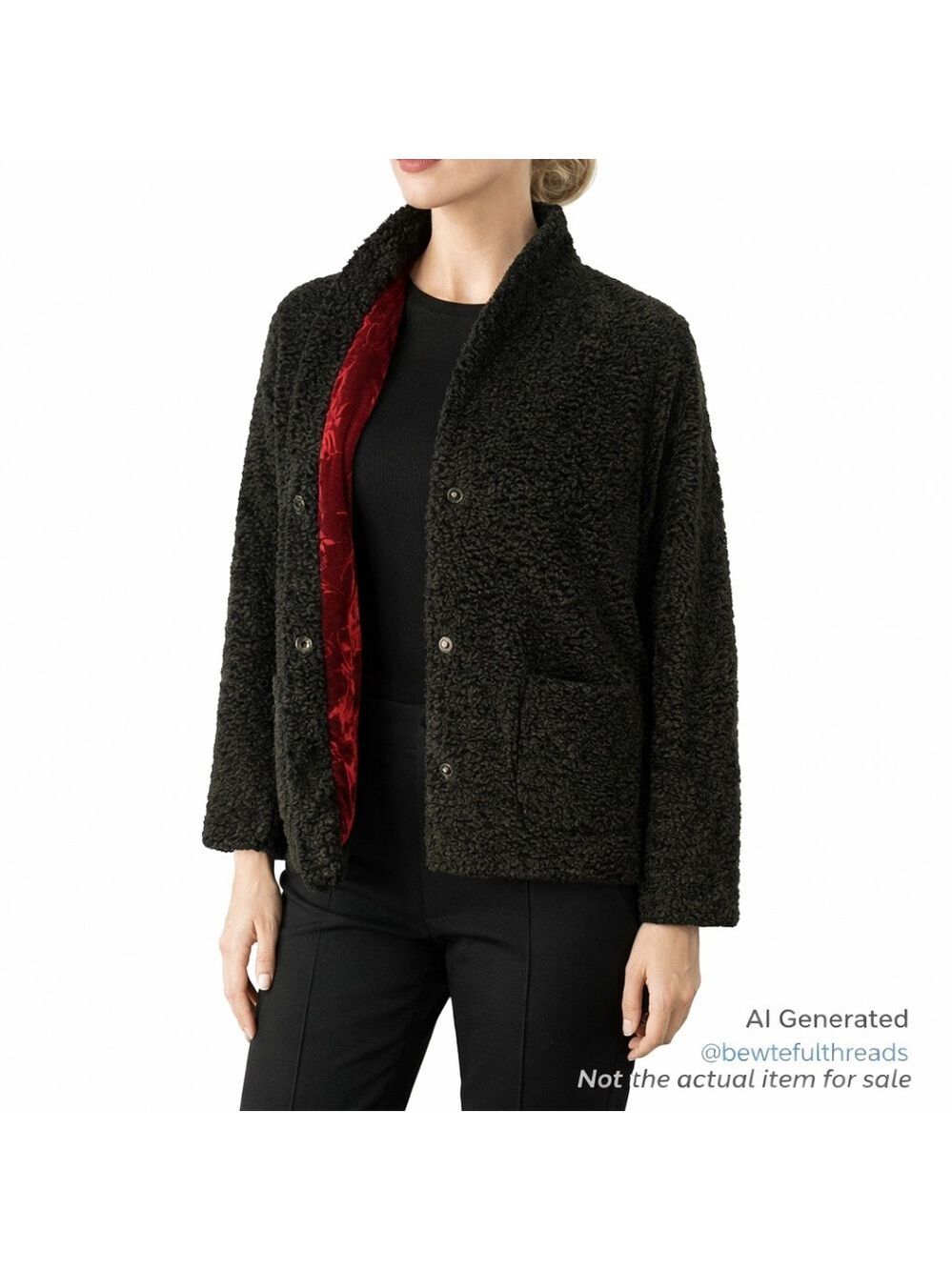 Vintage Black Bouclé Jacket w Pockets Maroon Velvet Lined Snap Front Fits M